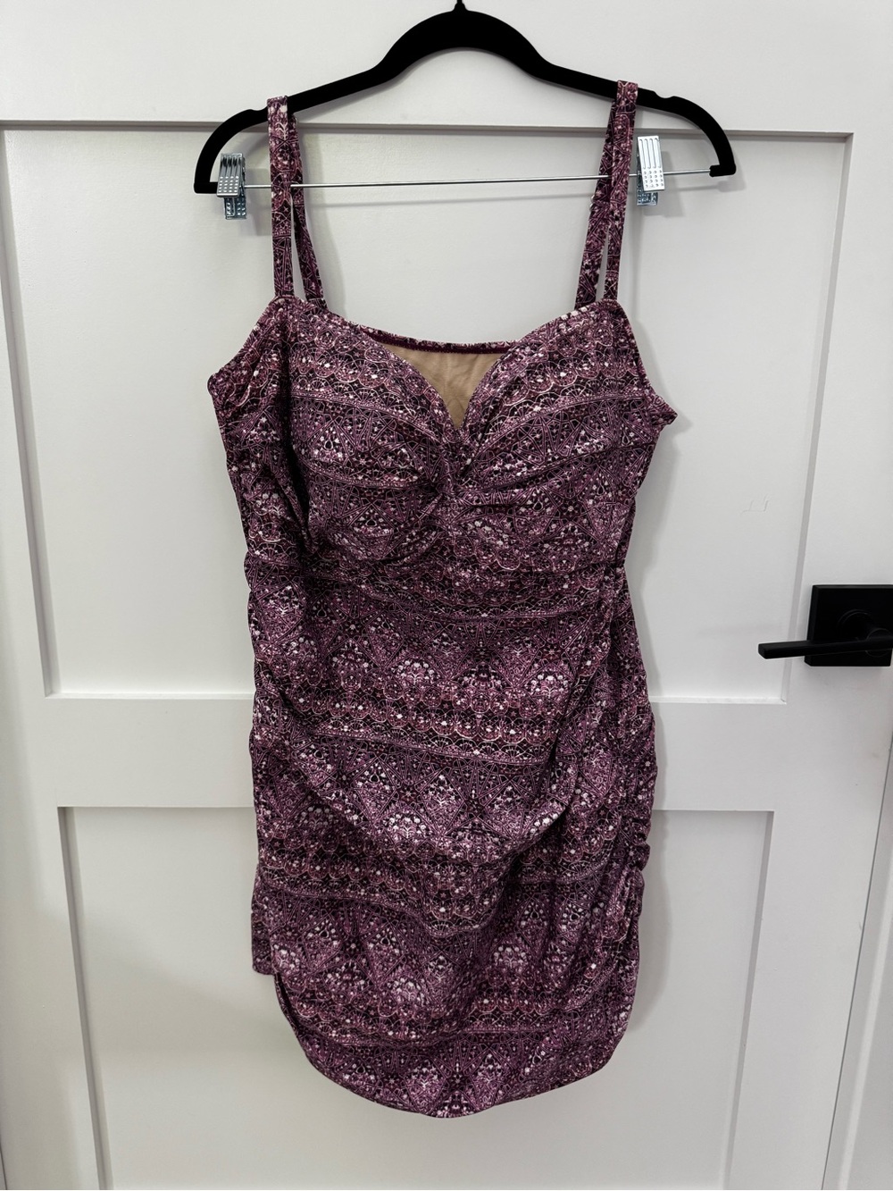 Swimsuits For All Purple Patterned Ruched Tank Dress